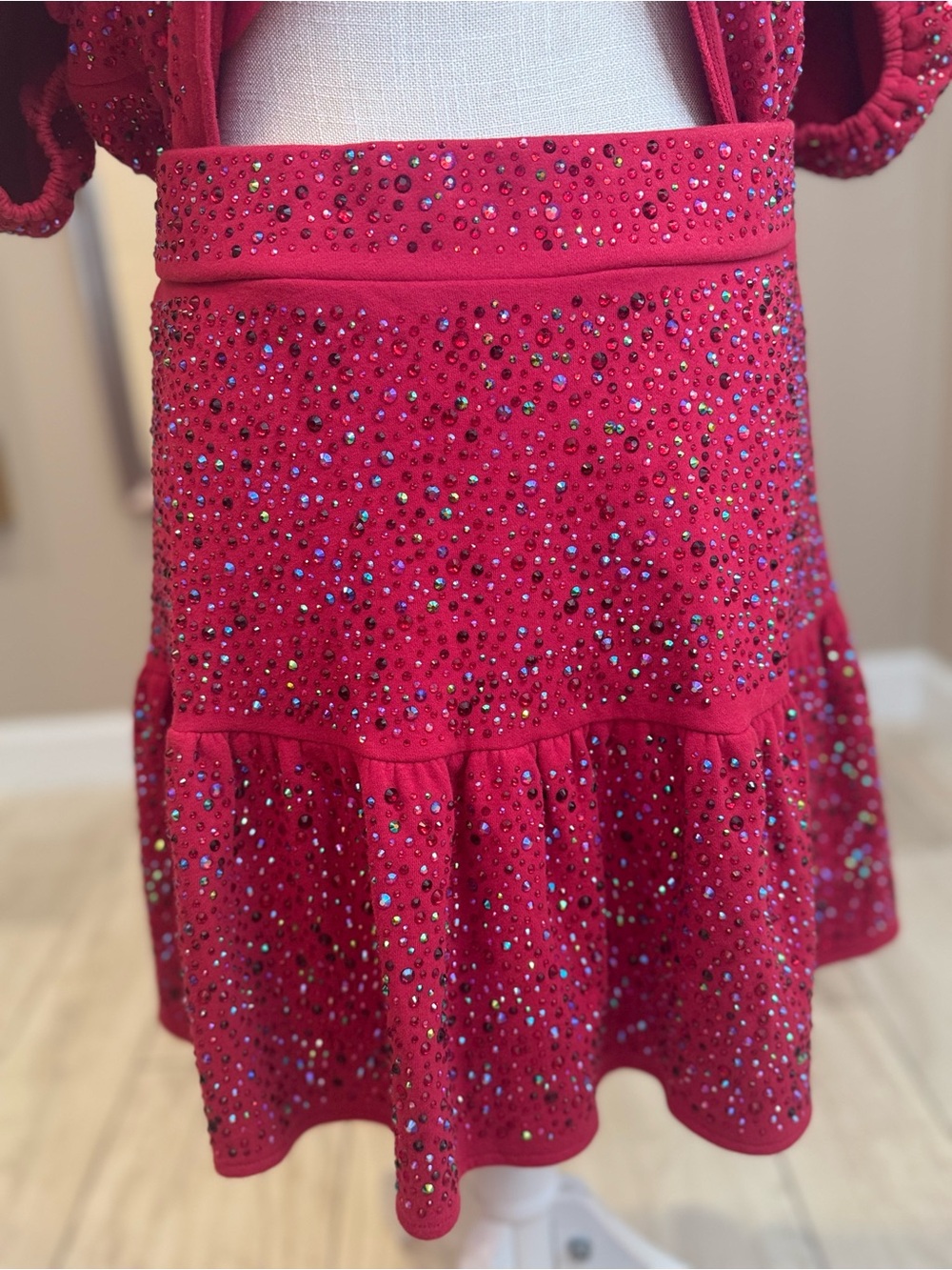 QUEEN OF SPARKLES Red Full Rhinestone Puff-Sleeve Skirt Set - Picture 6 of 12